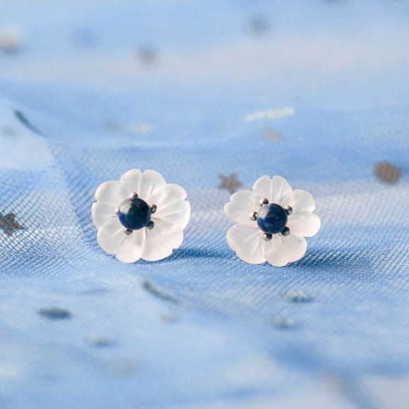 Sterling Silver Natural Lapis lazuli Flower Earrings Studs Nature Jewelry - Picture 3 of 8